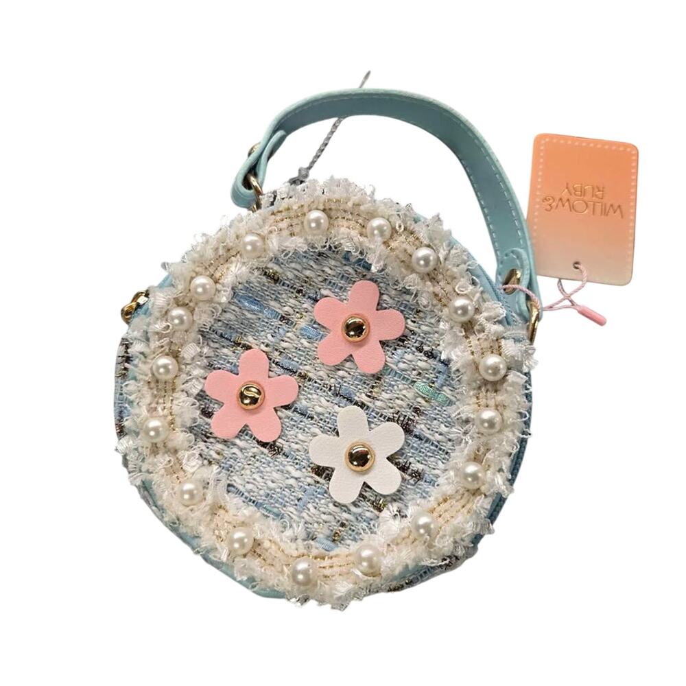 Willow & Ruby Blue Tweed Round Mini Purse with Pearls & Flowers